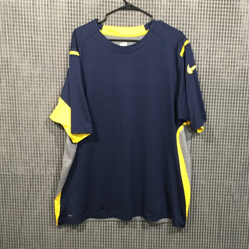 Nike Fit Dry Mens XXL Football Training Shirt Navy Blue Gray Yellow Colorblock